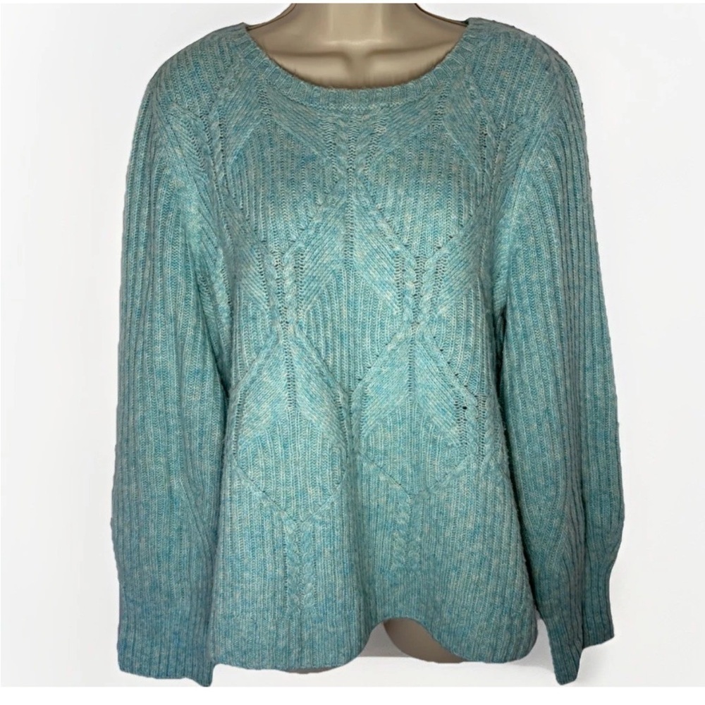 Talbots Sweater Women's Sz XL Blue Cable Knit Fisherman Diamond Wool Crew Neck
